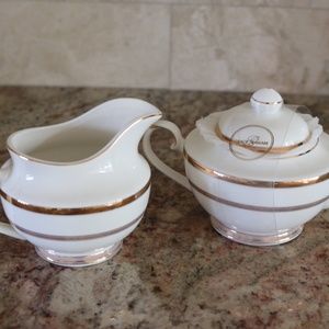 GRACE TEAWARE CREAMER & COVERED SUGAR BOWL - 3PC - GOLD/WHITE - NEW